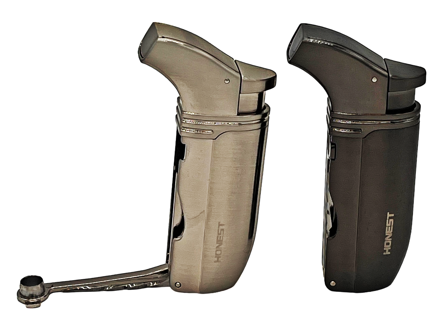 Honest Dahl Twin Jet Flame Pipe and Cigar Lighter with Punch and Draw Spike - Chrome